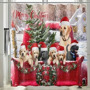 NEW! Merry Christmas Fabric Shower Curtain with Vintage Red Truck and Puppies